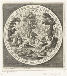 Zesde dag van schepping: God schept de dieren en Adam en Eva door Nicolaes de Bruyn
