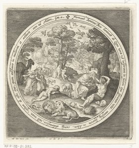 Zesde dag van schepping: God schept de dieren en Adam en Eva door Nicolaes de Bruyn
