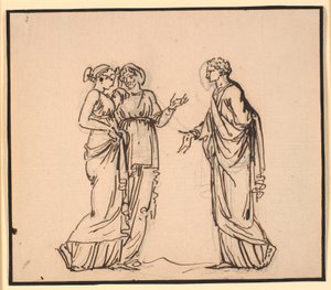Antieke scène met drie figuren, een man die met twee vrouwen praat
