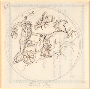 Apollo die zijn zonnewagen omhoog stuurt; bovenaan het sterrenbeeld Kreeft; cirkelvormig omlijst; toont de kortste dag door Nicolai Abildgaard