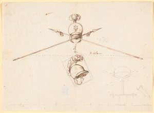 Decoratief ontwerp. Een helm en twee gekruiste speren enz. door Nicolai Abildgaard