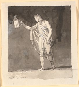 Diogenes die in het donker schijnt met een lantaarn