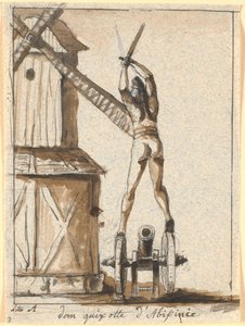 Don Quichot, staande op een kanon, met zwaard geheven tegen een molenwiek