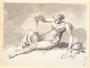 Herfst, een zittende vrouw die druiven perst door Nicolai Abildgaard