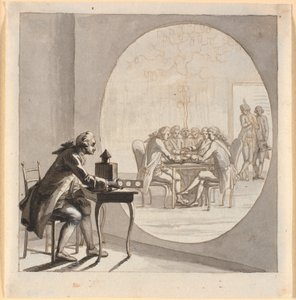 Een man met een toverlantaarn toont een afbeelding van de geheime staatsraad door Nicolai Abildgaard