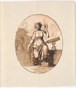 Een zittende vrouwenfiguur, allegorie op wijsheid of wetenschap