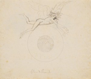 Een gevleugelde genius, zwevend boven een wereldbol, aangegeven met een paar cirkelbogen door Nicolai Abildgaard