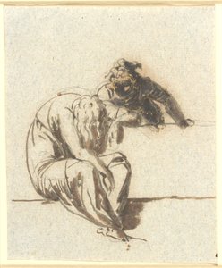 Op de voorgrond een zittende gebogen vrouwenfiguur, achter een borstwering leunt een andere naar haar toe