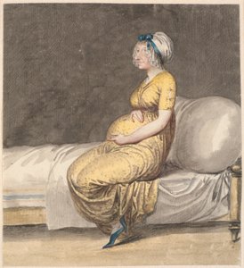 Karikatuur van een zwangere vrouw die op de rand van een bed zit