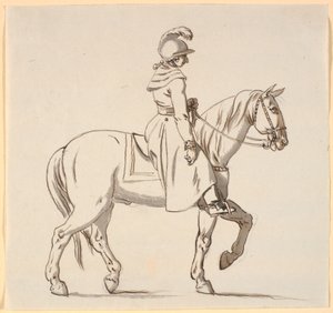 Karikatuur van een ruiter (met betrekking tot standbeeld van Christian V?)