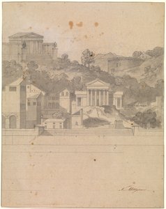 Landschap met antieke gebouwen. Decoratieontwerp door Nicolai Abildgaard