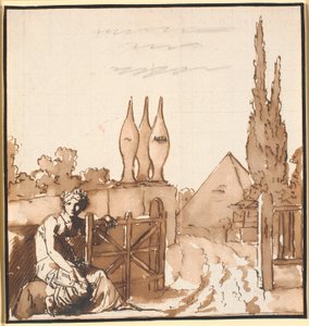 Het doel van het leven. Allegorische tekening. Een vrouw opent de poort naar een kerkhof met een obelisk en piramide