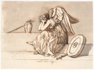 Nemesis bedekt haar ogen in verdriet. Allegorie op de verbanning van P.A. Heiberg door Nicolai Abildgaard