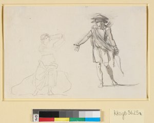 Scène tussen twee figuren. Links een zittende vrouw met ontbloot bovenlijf, rechts een lopende man met boog en pijlenkoker