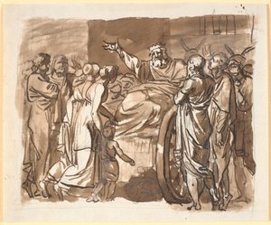 Peisistratos klaagt bij de Atheners over de aanval waarvan hij zegt het slachtoffer te zijn geweest. Hij zit op een door ezels getrokken kar, omringd door talrijke mensen door Nicolai Abildgaard