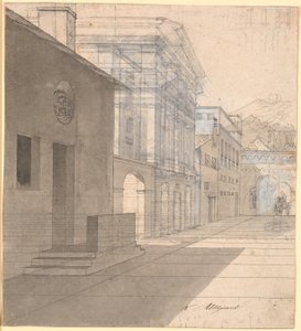 Perspectivische studie van de architectuur in het beeld van de vroedvrouw die het huis van Androspigen verlaat door Nicolai Abildgaard