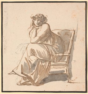 Profielbeeld van de tweede vrouw van de kunstenaar Juliane Marie Abildgaard geb. Ottesen, zwanger, zittend in een leunstoel met de kin gesteund op de hand en de elleboog op de knie door Nicolai Abildgaard