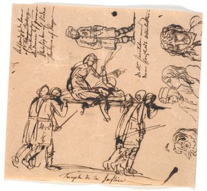 Triomf van de gerechtigheid. Vier gewapende mannen dragen een draagbaar, met een uitgestrekte en een zittende figuur door Nicolai Abildgaard
