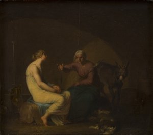 De huishoudster van de roverbende troost het jonge meisje door de mythe van Amor en Psyche te vertellen. Motief uit Apulejus: De gouden ezel