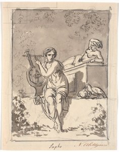 Sappho, zittend met haar lier, op de achtergrond rust een hermafrodiet door Nicolai Abildgaard