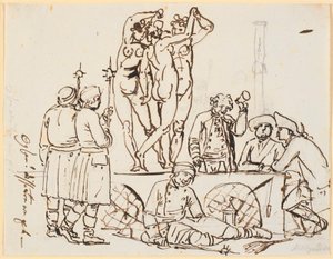 Satire over dat de politie en de loterij gevestigd waren in Charlottenborg samen met de Kunstacademie. Mensen van de loterij en wachters worden gezien samen met de drie gratiën door Nicolai Abildgaard