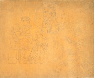 Zittende vrouw met twee kinderen en portret in profiel in cirkelcompositie