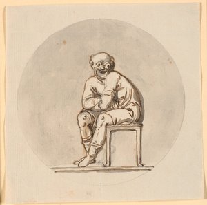 Zittend maskerfiguur, cirkelvormig ingelijst. Ontwerp voor decoratie in het theehuis in Sorgenfri park door Nicolai Abildgaard