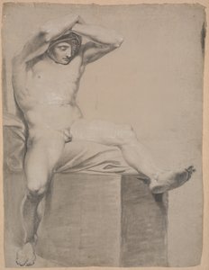 Zittend model op hoge sokkel met kussen. Vooraanzicht. Armen omhoog en gekruist boven het hoofd. Linkerbeen uitgestrekt en licht gebogen door Nicolai Abildgaard