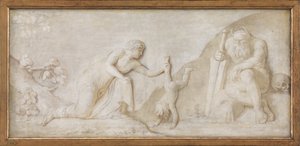Thetis dompelt haar zoon Achilles onder in de rivier Styx om hem onkwetsbaar te maken door Nicolai Abildgaard
