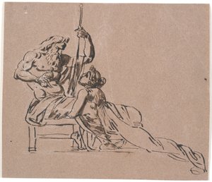 Thetis omhelst smekend de knieën van Zeus