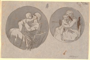Twee cirkelvormige composities van een moeder die haar kind in haar armen houdt door Nicolai Abildgaard