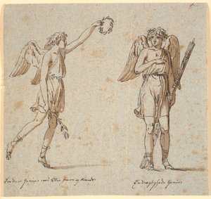 Twee genieën, de ene met olijftak, de andere met fasces