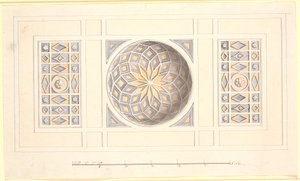 Ontwerp voor een plafond met gewelfd middendeel in violet en geel