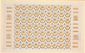 Ontwerp voor plafond met zeshoekige kassettes en rozetten in geel en violet door Nicolai Abildgaard