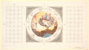 Schets voor plafonddecoratie met cassetteplafond en in het midden een cirkelvormige afbeelding van de ochtend die bloemen uitstrooit door Nicolai Abildgaard