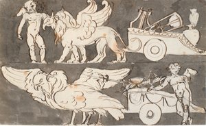 Gevleugelde jongens bij de wagens van Apollo en Jupiter, getrokken door griffioenen en adelaars door Nicolai Abildgaard