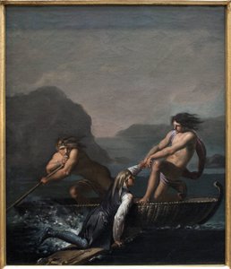 Het schipbreuk Niels Klim gered door twee Quamites. Fragment uit De Ondergrondse Reis van Niels Klim