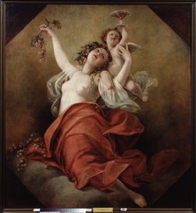 Bacchante (Een vrouw met ontblote borst houdt druiventrossen vast met een engel die een beker rode wijn draagt)