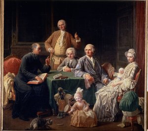 Portret van de familie Leroy. Familiescène met een priester, de moeder en de kinderen. Schilderij van Nicolas Bernard (1735-1784)
