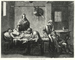 Eudemidas dicteert zijn testament (gravure)
