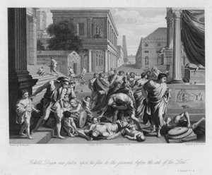 De val van Dagon, I Samuel V, 4 (gravure)