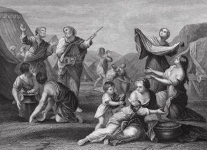 De val van manna, Exodus, Hoofdstuk 16, verzen 14, 24 door Nicolas (after) Poussin