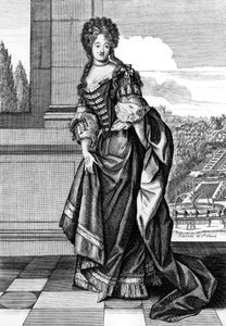Elisabeth Charlotte van Beieren (1652-1722) bijgenaamd Liselotte, prinses van de Palts, in 1671 werd zij hertogin van Orléans, tweede vrouw van hertog Philippe van Orléans, gravure door N. Arnoult naar Dieu