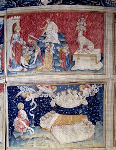 Ophanging van de Openbaring (1373-1383). N. 44 hoog: het beest heeft zeven hoofden. N. 51 laag: De slaap van de rechtvaardigen. Wandtapijt door Nicolas Bataille (1330-1405)