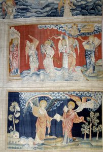 Wandkleed van de Openbaring (1373-1383), nr. 25: de zesde trompet, de engelen van de Eufraat. Onder, nr. 28, de Engel overhandigt het boek aan Sint Jan die het opeet door Nicolas Bataille
