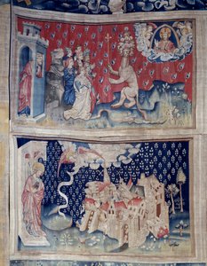 Wandtapijt van de Openbaring (1373-1383), nr. 42: Aanbidding van het Beest (?). Nr. 49: de val van Babylon. Wandtapijt door Nicolas Bataille (1330-1405)