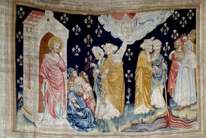 Wandtapijt van de Openbaring (1373-1383), nr. 28: het wonder. Getrouwe dienaren van God en profeten kijken naar de rivier die in bloed is veranderd. Wandtapijt door Nicolas Bataille (1330-1405) door Nicolas Bataille
