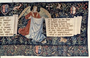 Hanging of the Revelation (1373-1383), engelen dragen instrumenten van de Passie. Wandtapijt door Nicolas Bataille (1330-1405)