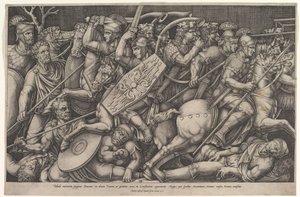 Romeinse soldaten vechten tegen Daciërs, gevechtsscène in ondiepe diepte met paarden, 1553