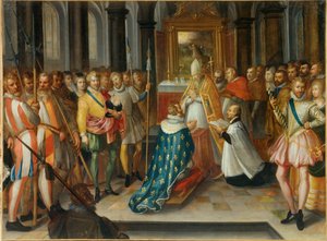 De abjuratie van Hendrik IV koning van Frankrijk in Saint Denis op 25 juli door Nicolas Bollery